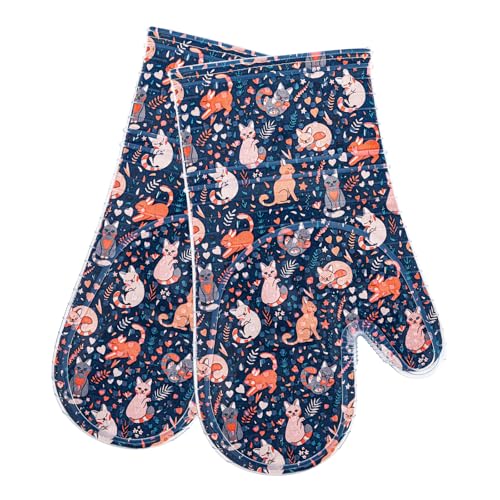 Oven Mitts with Transparent Clear Silicone Shell and Nice Cat Printing (Oven mitts / Navy, Cat)