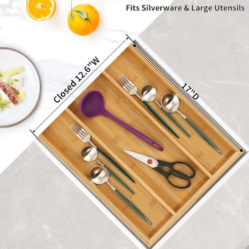 Bamboo Expandable Kitchen Drawer Organizer Silverware Utensil Tray (Natural / Large)
