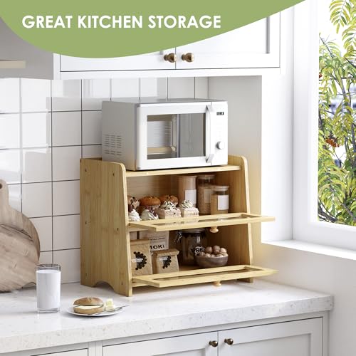 Double Layer Bread Box Container for Kitchen Countertop Homemade Bread (Natural Bamboo / 2 Tier-Medim)
