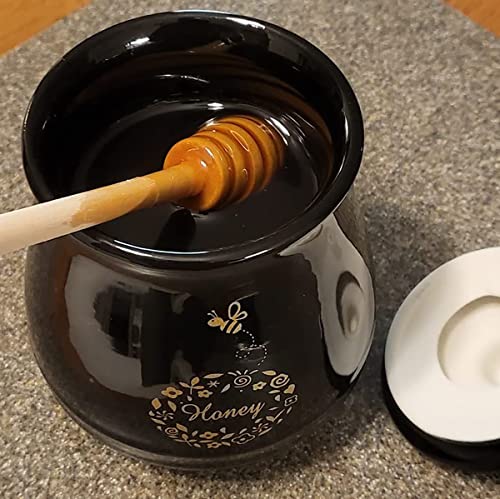 Ceramic Honey Jar With Wooden Honey Dipper (Honey Jar-Black)