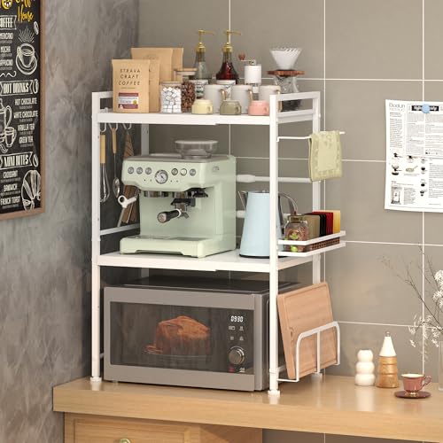 Expandable Microwave Stand Kitchen Countertop Organizer With Storage (White / 3 Tier (With Spice Rack))