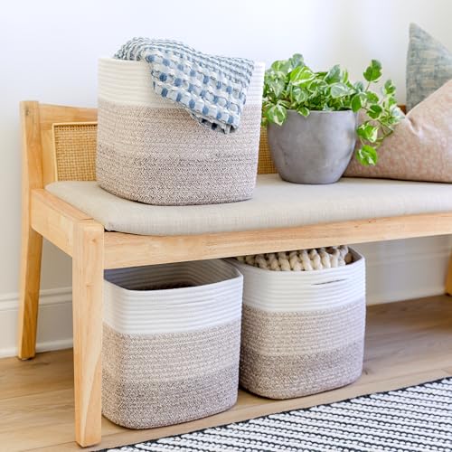 Storage Cubes 11 Inch Cotton Rope Woven Baskets for Organizing (3-Tone Brown)