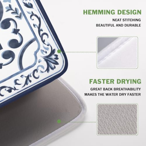 Navy Flower Dish Drying Mat Modern Boho Microfiber Dishes Drainer Pad 16x18 Inch Absorbent Fast Dry Dish Rack Mat for Kitchen Counter Sink (Boho Navy Floral / 16x18 inch)