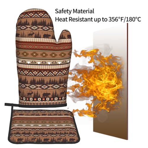 Rustic Bear Deer Oven Mitts and Pot Holder Sets Boho Ethnic Hot Pads Non (Rustic Bear Deer)