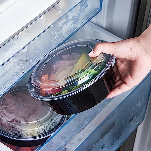 32 oz 150 ct Round Meal Prep Containers with Lids Plastic Food Storage Lunch Plan To Go Box Disposable Take Out Bowls Black BPA Free Reusable Durable Stackable Microwave Freezer Dishwasher Safe (32R-150)
