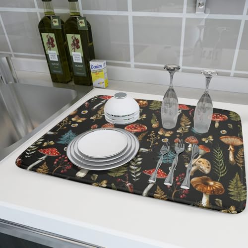 Natural Botanical Dish Drying Mat Mushroom Fern Leaves Berry Drainer Mat Black Drying Pad for Countertop 18 X 24 Inch (Mushroom - Black / 24" x 18")