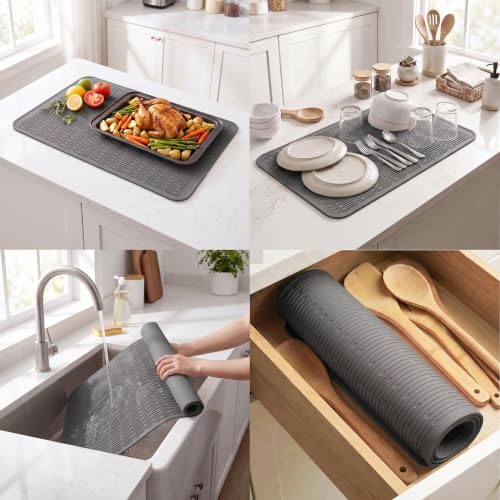 Silicone Dish Drying Mat for Multiple Usage (Gray / 32"L x 18"W)