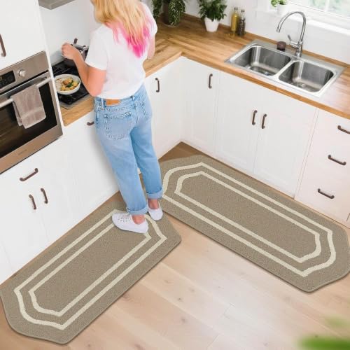 Kitchen Rugs Set of 2PCS Non Slip Kitchen Mats for Floor (Beige / 24"x 48 "+ 24"x 59 ")