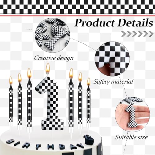 13 Pcs Racing Cars Themed Birthday Candles Black and White Race Number 1 Checkered Candle Cake Topper for Racing Car Party Decoration Supplies (13 Count)