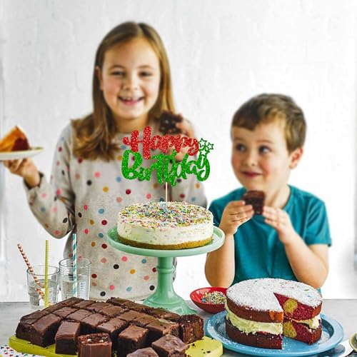 1Pcs Happy Birthday Cake Topper Glitter Happy Birthday Cake Pick for Christmas Theme Baby Shower Anniversary Party Decorations Supplies Red Green (Style 2 / Red Green)