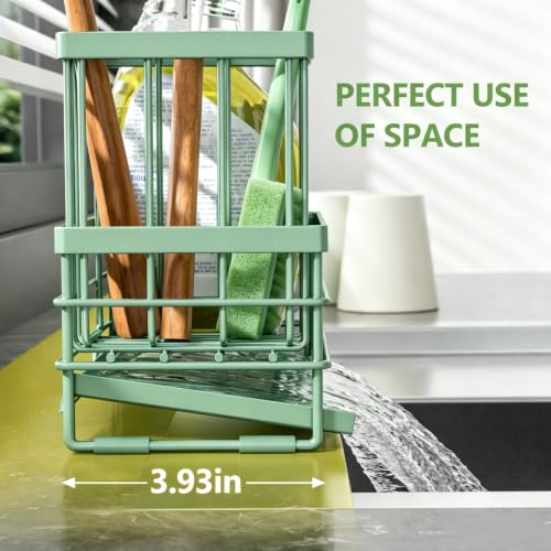 Sink Caddy Sponge Holder for Kitchen with Brush Holder and Stainless Steel Self Drain Tray (8.26'' / Sage Green)