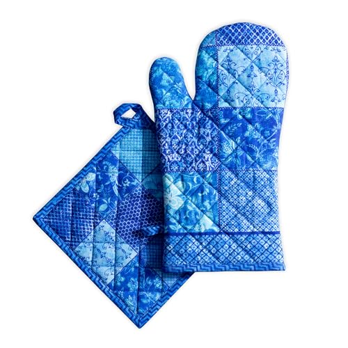 100% Cotton Oven Mitt & Pot Holder Set (027 - Indigo Love / 7.5" x 13" & 8" x 8" (Oven Mitt & Pot Holder))