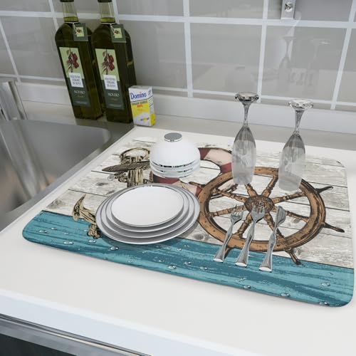Nautical Anchor Dish Drying Mat 18x24 inch Coastal Boat Fast Dry Microfiber Reversible Dish Drainer Pad Kitchen Countertop Tabletop Decor (Marine Anchor / 18" x 24")