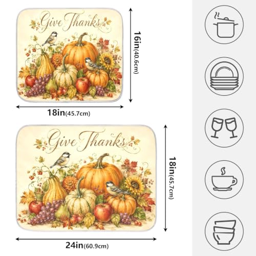 Thanksgiving Dish Drying Mat for Kitchen Counter Absorbent Microfiber Small Drying Pad Fall Autumn Harvest Pumpkin Dish Mats for Kitchen Countertops 16 x 18 Inch (Thanksgiving Harvest / 18" x 16")