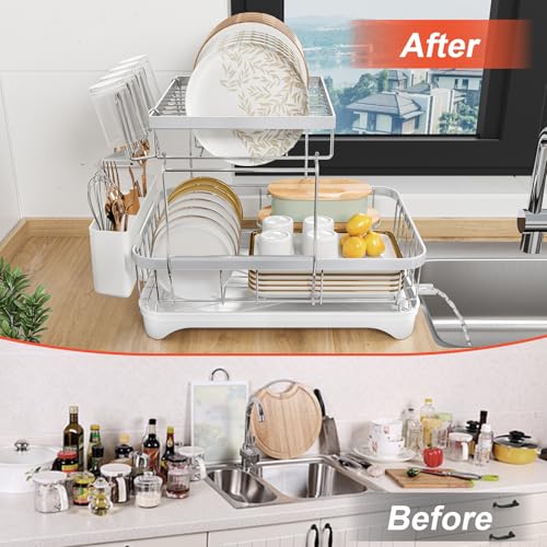 Dish Drying Rack for Kitchen Counter (2-tier - White)