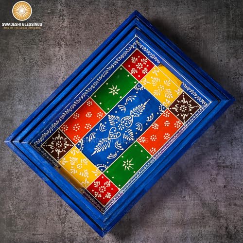 Hand Painted Wooden Serving Tray Set of 3 (Blue / Set of 3)