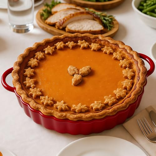 10×2in Deep Ceramic Pie Pan with Handles for Pie Quiche Tart Baking. Easy to grip (Red / 10IN*2IN)