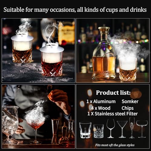 Cocktail Smoker Kit AOKE Metallic Whiskey Smoker Kit with 4 Flavors Wood Chips for Whiskey and Bourbon Old Fashioned Smoker Kit for Enhancing Drink Flavors Whiskey Gifts for Men Father's Day (Silver)