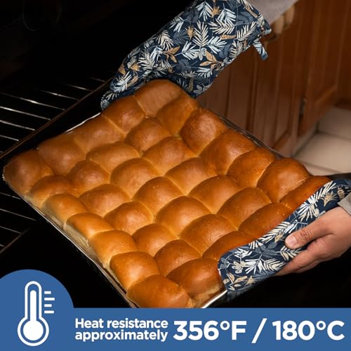 Oven Gloves Heat Resistant Potholder Set Oven Gloves with Anti (Blue Leaves - Set)