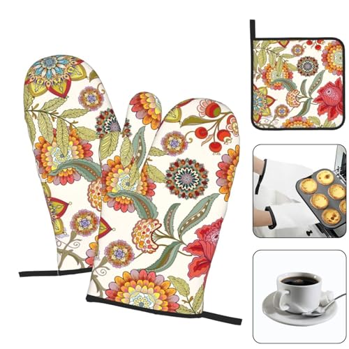 Boho Floral Oven Mitts and Pot Holders Sets of 3 Colorful Flower (Boho Floral)