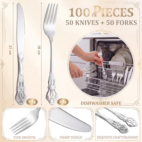 100 Pieces Retro Royal Stainless Steel Dinner Flatware Cutlery Set (8.98 Inches,8.07 Inches / Silver)