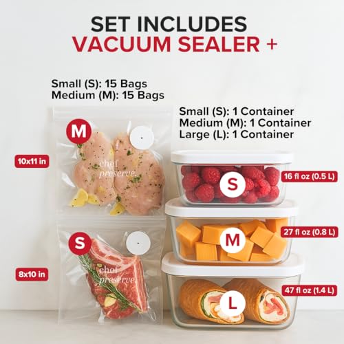 Compact Vacuum Sealer for Food (Vacuum Sealer + 3 Containers + 30 Bags)