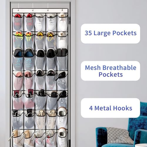 35 Pockets Over the Door Shoe Organizer (White - 35 Pockets)