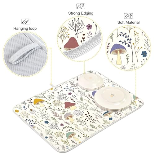 Cute Mushroom Wild Plant Dish Drying Mat for Kitchen Counter Absorbent Microfiber Drying Pad (18" x 24")