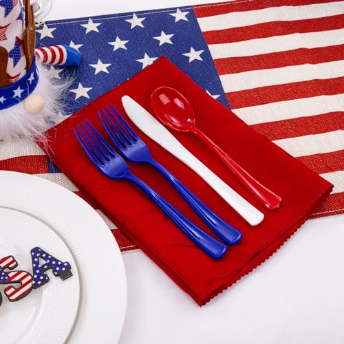 200Pcs 4th of July Red Blue Disposable Plastic Silverware (Blue White Red)