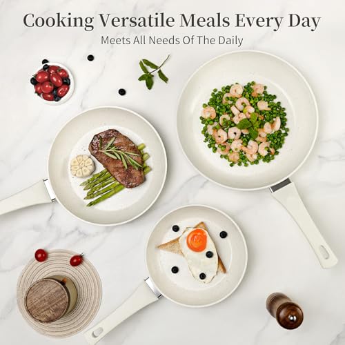 Nonstick Ceramic Frying Pans Skillets Set with Lid 8"+9.5"+11" (Cream White)