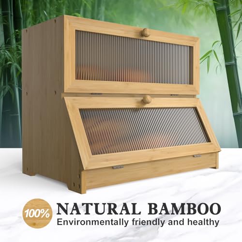 Bread Box for Kitchen Countertop (Bamboo Color / 2‑tier)