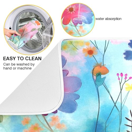 Colorful Flowers Blue Dish Drying Mat for Kitchen Counter Absorbent Microfiber Drying Pad (16" x 18")