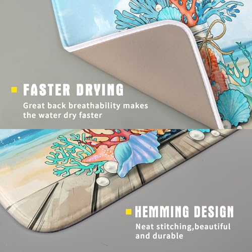 Coastal Coral Dish Drying Mat 16x18 inch Starfish Shell Fast Dry Microfiber Dish Rack Mats Drainer Pad for Countertop Kitchen Table Decor (Coral Vase / 16" x 18")