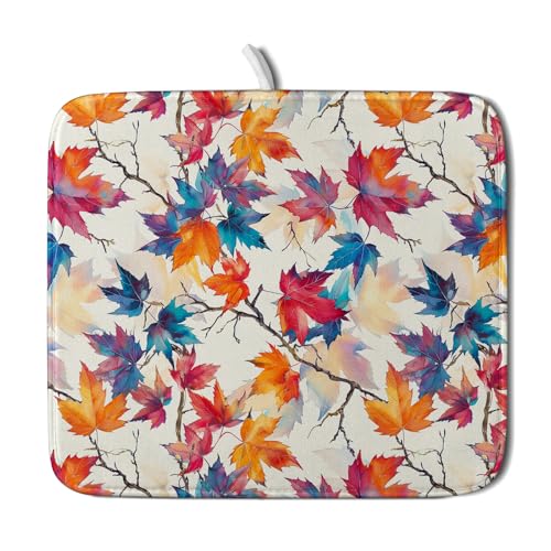 Maple Leaf Dish Drying Mat Fall Autumn Colorful Leaves Absorbent Dish Drain Mats for Holiday Season Kitchen Decoration (Maple Leaf 606 / 18" x 16")