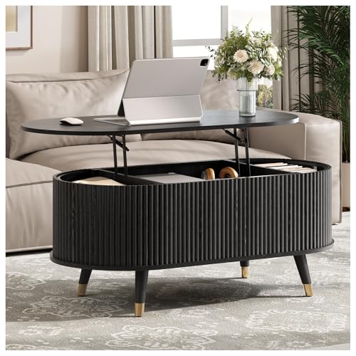 Oval Lift Top Coffee Table with Storage for Living Room (Matte Black)