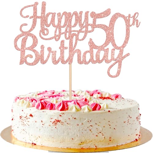 1 PCS Happy 50th Birthday Cake Topper Glitter Cheers to 50 Years Birthday Cake Pick 50 Fabulous Cake Decoration for Happy 50th Birthday Anniversary Party Decorations Supplies Rose Gold (Rose Gold / 50th)