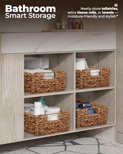 Woven Water Hyacinth Storage Baskets with Handles (Brown / Rectangular Basket_Pack 6)