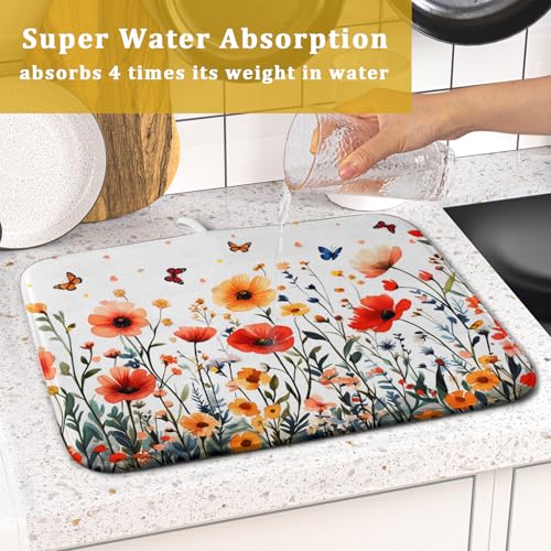 Poppy Flower Dish Drying Mat 16x18 Inch Floral Leaves Dish Drainer Protector Pad Washable Reversible Drying Pad for Kitchen Counter Sink (Poppy Flower / 16" x 18")