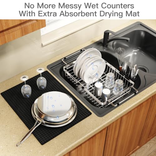 Expandable Dish Drying Rack Over Sink with Extra Drying Mat (Silver / For 13"-30" W Sink with Mat)