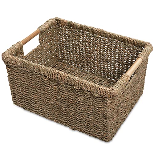 Large Wicker Storage Basket with Wooden Handles (Seagrass / Large (14.5"L x 10.3"W x 7.5"H))