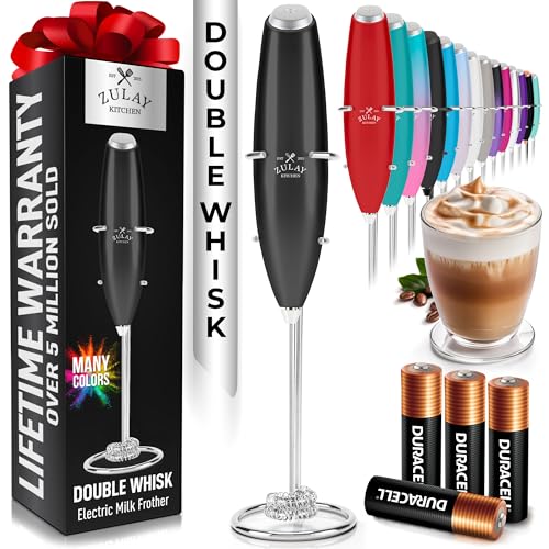 Powerful Milk Frother Wand With Duracell Batteries (Vortex Black / Double Whisk + Batteries)