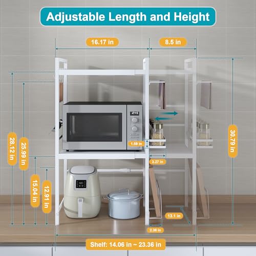 Expandable Microwave Stand Kitchen Countertop Organizer With Storage (White / 3 Tier (With Spice Rack))