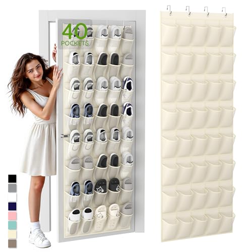 Over the Door Shoe Organizer with 40 Large Breathable Mesh Pockets (Beige / 40 Pockets)