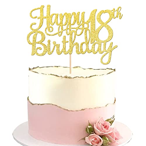 1 PCS Happy 18th Birthday Cake Topper Gold Glitter Cheers to 18 Years Birthday Cake Pick 18 Fabulous Cake Decoration for Happy 18th Birthday Theme Party Decorations Supplies (Gold / 18th)