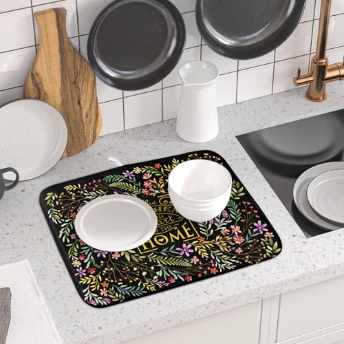 Absorbent Dish Drying Mat Colorful Flowers Microfiber Pad for Kitchen Counter Coffee Bar Decor 16" X 18" (Vintage Leaves Black / 18" x 16")