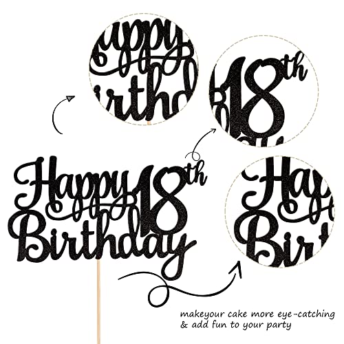 1 PCS Happy 18th Birthday Cake Topper Glitter Cheers to 18 Years Birthday Cake Pick 18 Fabulous Cake Decoration for Happy 18th Birthday Theme Party Decorations Supplies Black (Black / 18th)