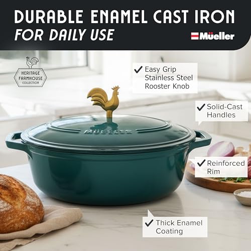 MUELLER HOME 5.5 Quart Enameled Cast Iron Oval Dutch Oven with Rooster Knob and Cotton Potholders (5.5 Quart -Oval / Emerald Green)