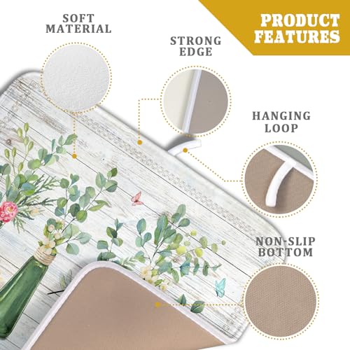 Fern Leaf Vase Dish Drying Mat 16x18 Inch Eucalyptus Leaves Microfiber Absorbent Dish Drainer Mat Reversible Drying Pad for Kitchen Counter Sink (Fern Leaf Vase / 16" x 18")