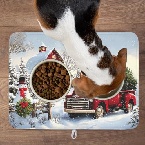 Red Truck Dish Drying Mat Winter Xmas Tree Drainer Rack Pad 18"x24" Microfiber Absorbent Quick Dry Dish Sink Mat for Table Kitchen Counter (Red Truck Snowman / 18x24 inch)
