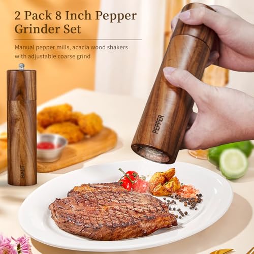 2 Pack Acacia Wooden Salt and Pepper Grinder Set 8 Inches Refillable